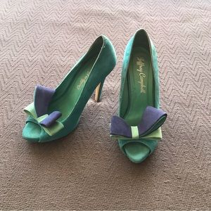 Jeffrey Campbell Garret Aqua Combo Blue Suede High Heels Large Statement Bow 7